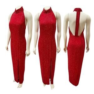 Oleg Cassini Black Tie Red Sequin Open Back Gown Silk Sz 8
